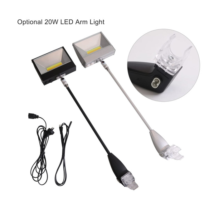 Two 20W LED arm lights in black and silver, each with a flexible arm, accompanied by power cables.