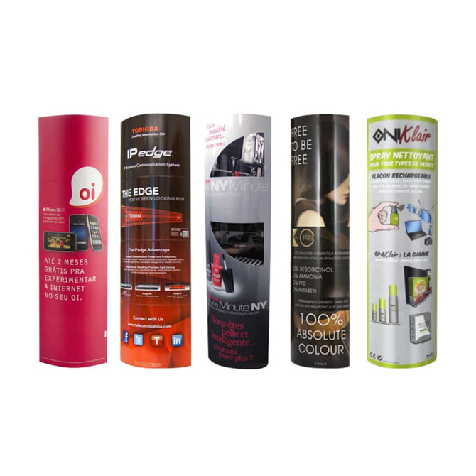 A collection of cylindrical cardboard displays in various vibrant colours, featuring logos and promotional graphics.