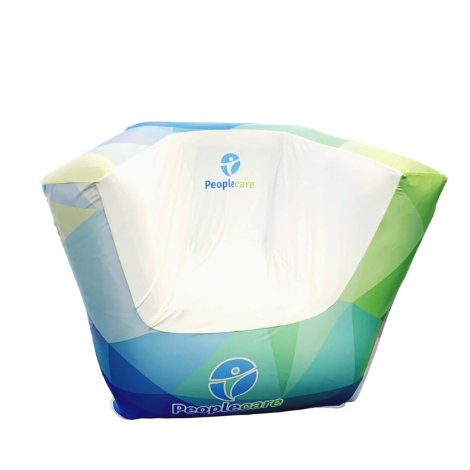 An inflatable one-seat sofa in blue and green with a white interior and a logo printed on it.