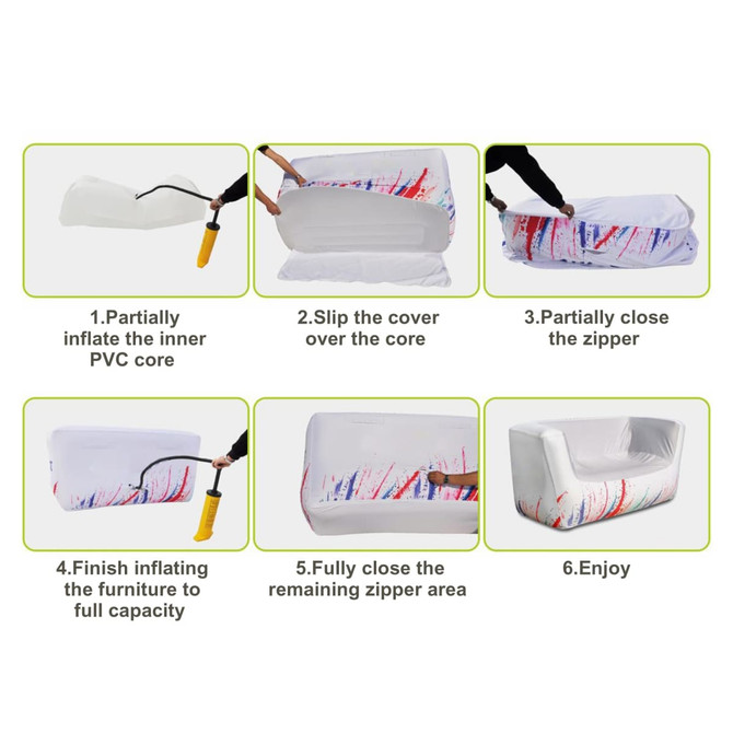 An inflatable two-seat sofa in white with vibrant splashes of colour and a zipper for enclosing the inner structure.