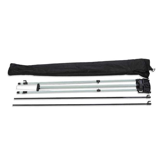 A set of lightweight metal poles and a black carrying bag for a small X-frame banner, featuring a sleek design.