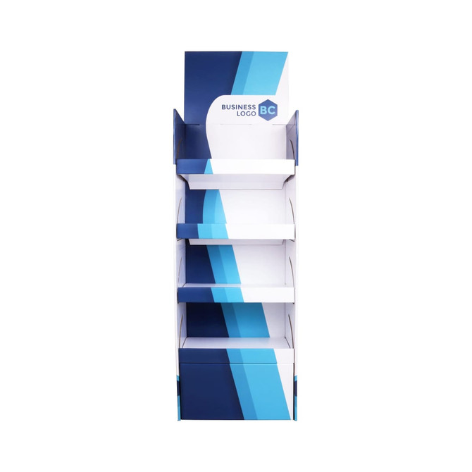 A tall, blue and white cardboard floor display with four shelves and a branded logo at the top.