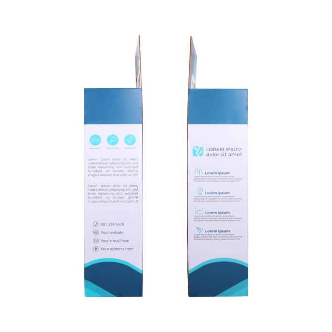 A cardboard floor display with a base, featuring a blue and white design and a logo.