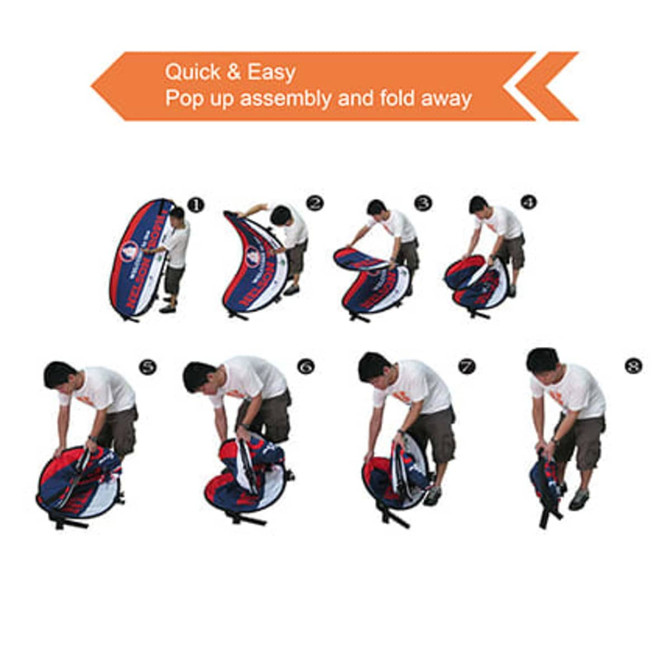 An oval-shaped pop-up banner in blue and red, demonstrating the assembly and folding process with step-by-step visuals.
