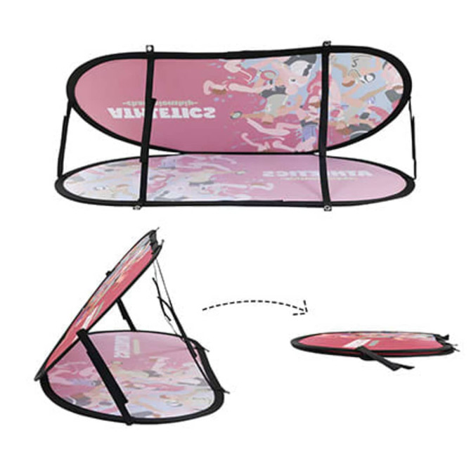 Bean-shaped pop-up banner in pink with multi-coloured abstract patterns. Features a framework for stability and has a logo.