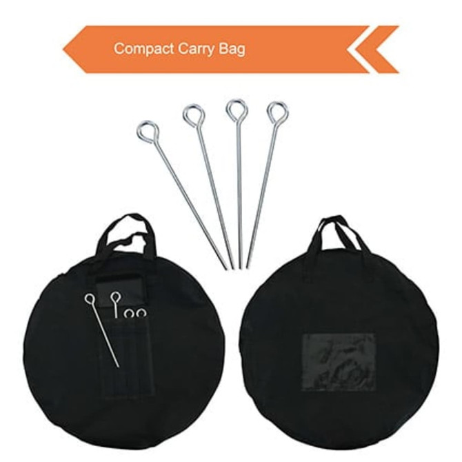 A compact carry bag in black, featuring four metal stakes and a side pocket for storage.