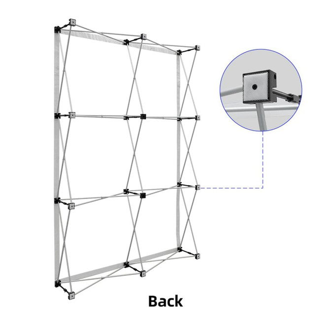 A collapsible fabric popup display frame in silver with a detailed section showing a connector.