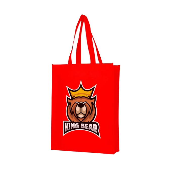 A red non-woven bag with a large gusset and a logo featuring a bear wearing a crown.