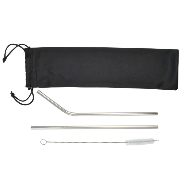 A drink bottle accessory set featuring two stainless steel straws, a cleaning brush, and a black carrying pouch.
