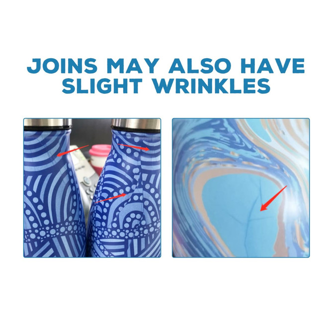 A drink bottle with a blue patterned design, featuring a stainless steel construction and a logo.