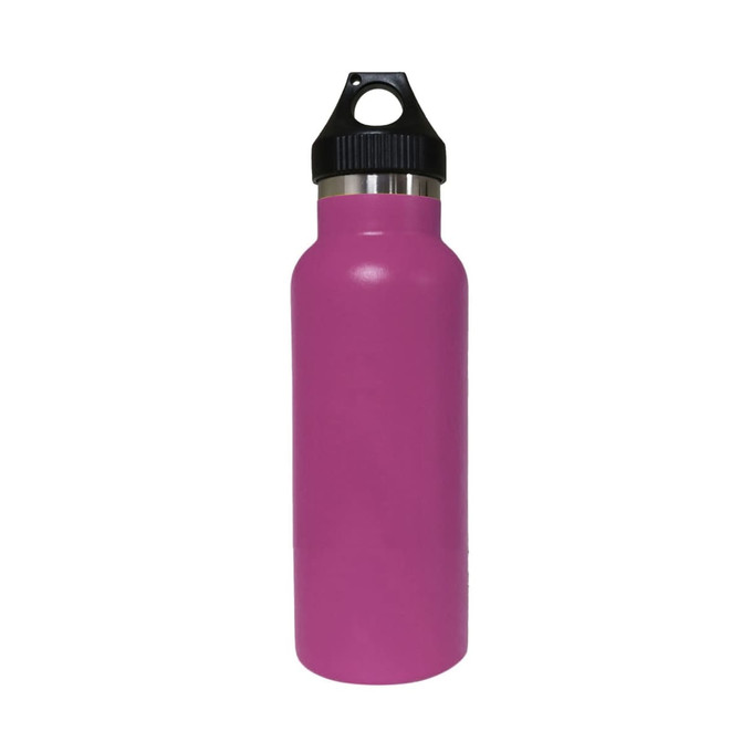 A drink bottle in vibrant pink with a black lid and a logo, featuring a double wall vacuum design.