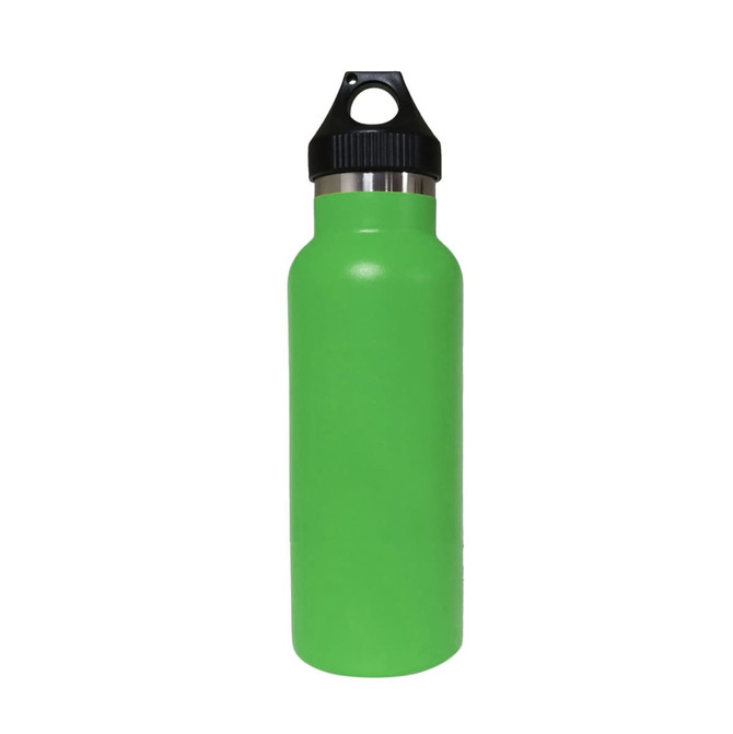A drink bottle in bright green with a black lid and a stainless steel interior. Includes a logo.