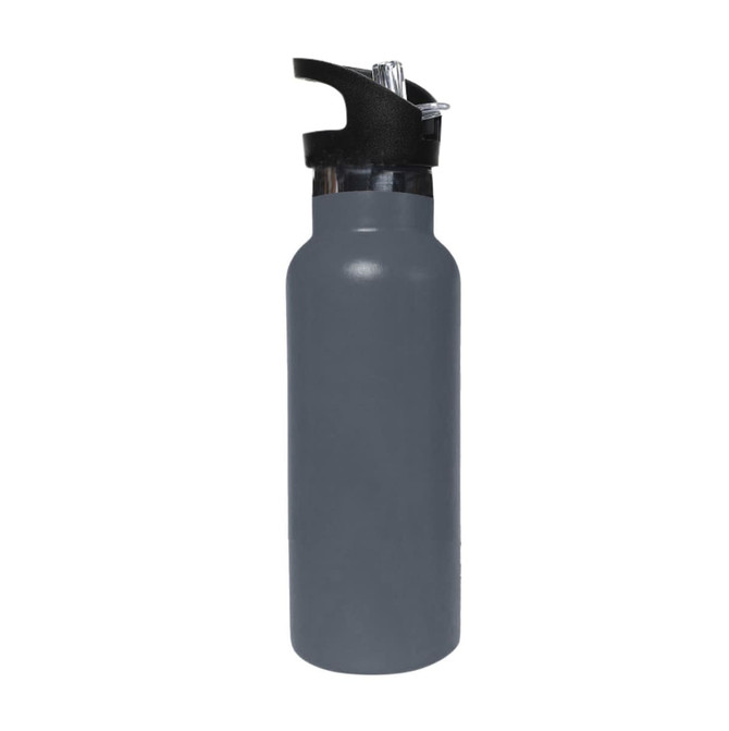 A drink bottle in grey with a black flip valve lid, featuring a sleek double wall vacuum design.