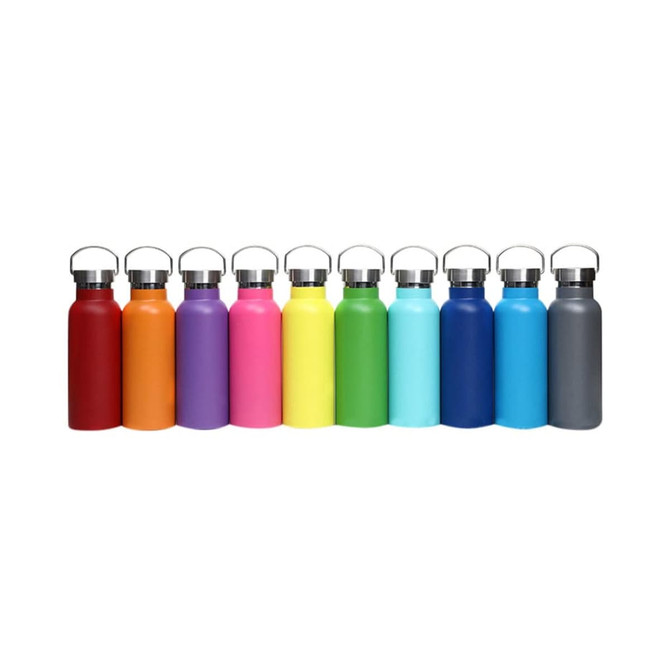 A drink bottle collection featuring various colours, including red, orange, purple, pink, yellow, green, blue, and grey, with stainless steel lids.