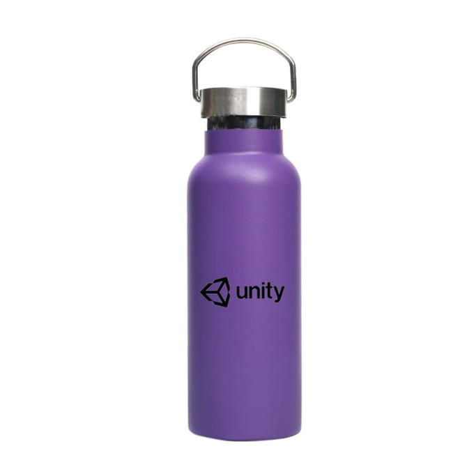 A drink bottle in purple with a stainless steel lid and a logo. It features a double wall vacuum design.