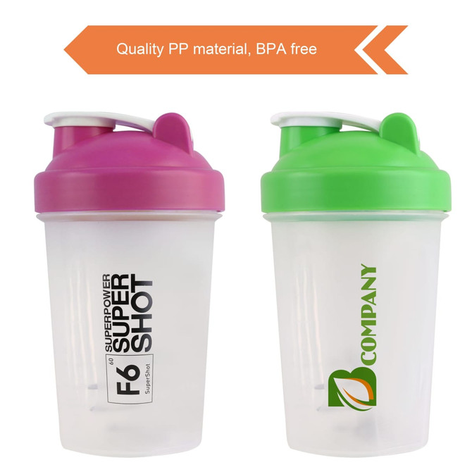 A drink bottle set featuring two BPA-free shaker bottles, one pink and one green, made from quality PP material.