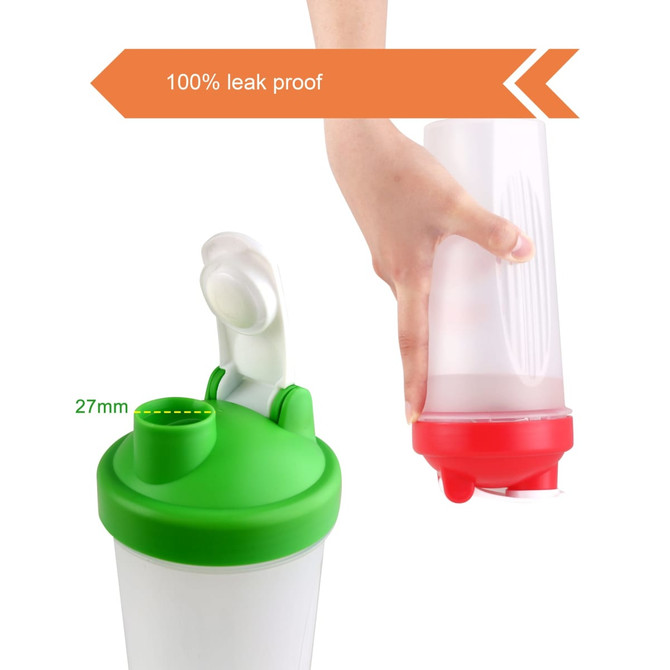 A drink bottle featuring a green and red lid, designed as a BPA-free fitness shaker with a logo.
