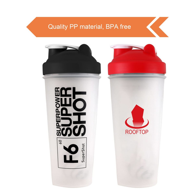 A drink bottle set featuring a black and a red shaker, both made of BPA-free PP material and displaying logos.