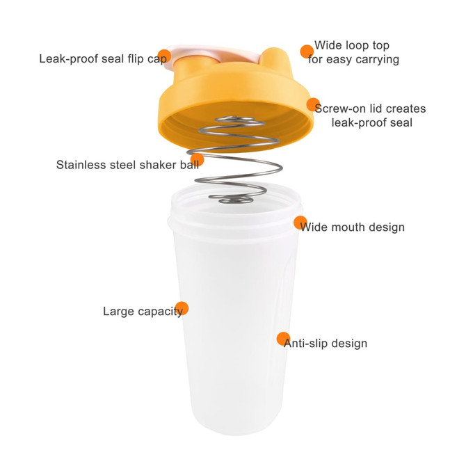 A drink bottle in white with an orange flip cap and a stainless steel shaker ball inside. It features a wide mouth design.