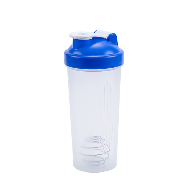 A drink bottle with a clear body and blue lid, featuring a mixing ball inside for blending protein shakes.
