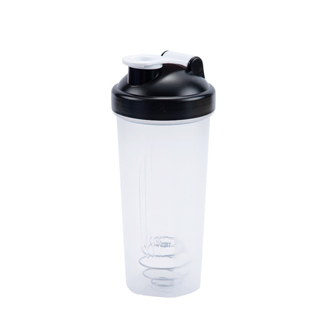 A drink bottle with a clear body, black lid, and white spout, designed for fitness and protein shakes.