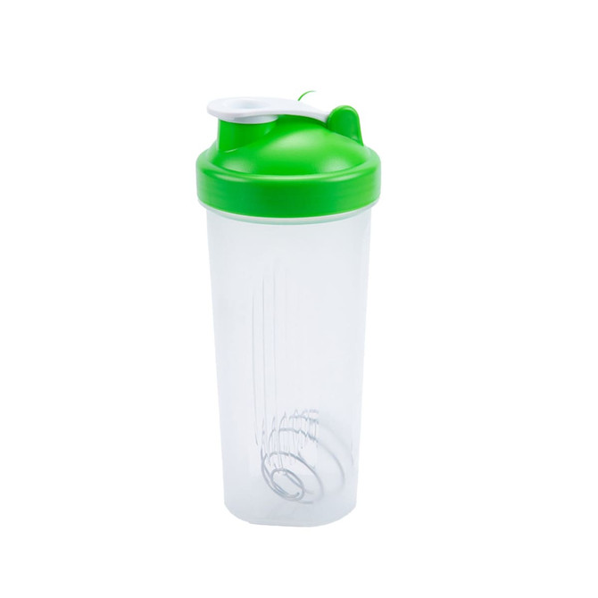 A drink bottle featuring a clear body with a green lid and a white spout, designed as a protein shaker.
