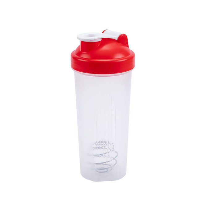 A drink bottle featuring a transparent body with a red lid and white cap, designed for fitness use.