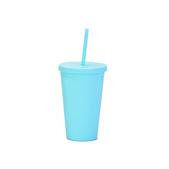 A drink bottle in matte aqua blue, featuring a lid and a straw, categorized as plastic cups and tumblers.