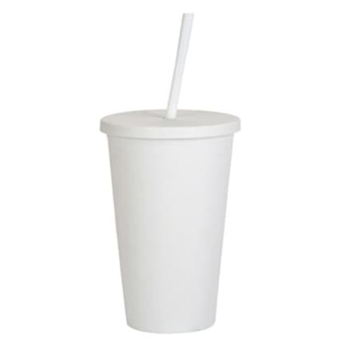A matte white plastic cup with a lid and straw, designed for drinks. Features a logo.