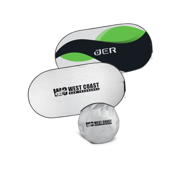 A reflective car sunshade in grey and green, featuring a logo and a compact storage design.