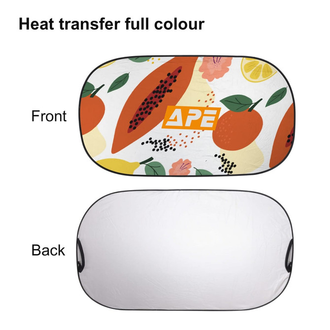 A reflective car sunshade featuring a colourful design with fruits on the front and a plain white back.