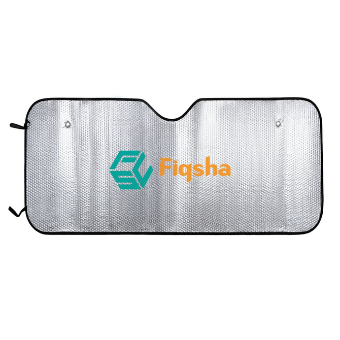 A bubble aluminium car sunshade in silver with a black border and a logo.