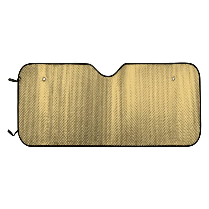 A bubble aluminium car sunshade in gold with a black trim, featuring a hollow centre for a rearview mirror.