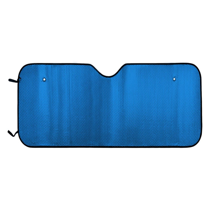 A blue bubble aluminium car sunshade with a black trim and openings for securing it in place.