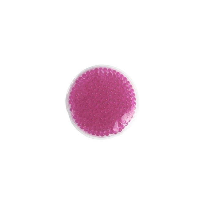 A round gel pack filled with small, pink beads, enclosed in a clear plastic layer. It has a logo on the surface.