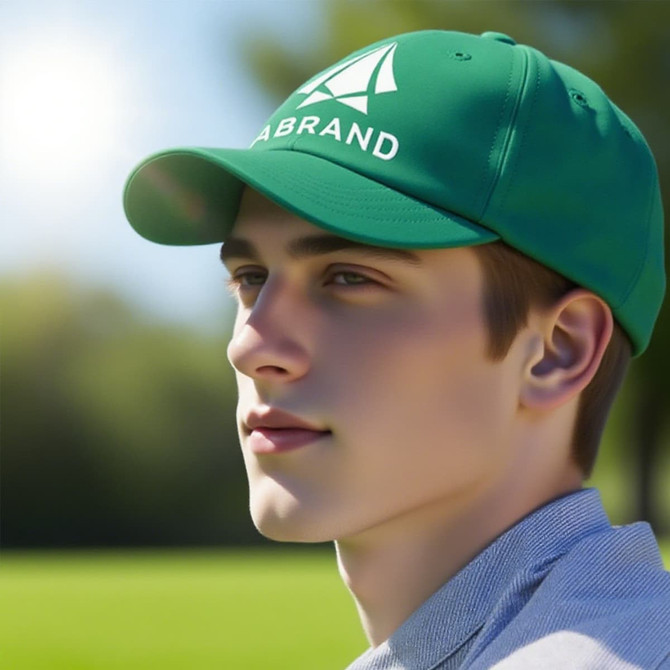 A green cap with a logo is worn by a young man, set against a blurred outdoor background.