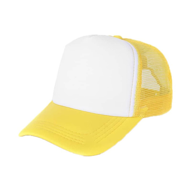 A yellow and white trucker cap with a mesh back and a solid front panel, featuring a logo.