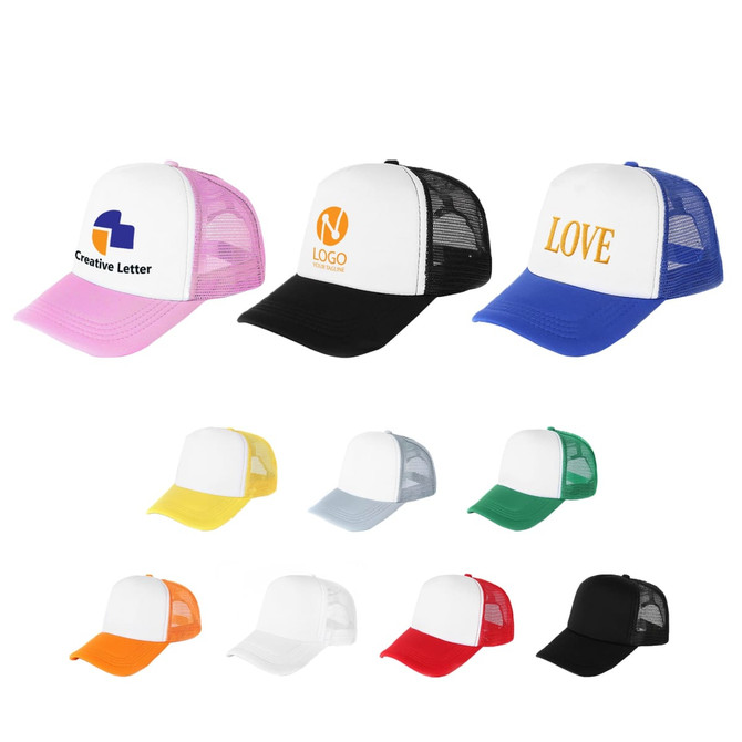 Five panel trucker caps in various colours, featuring mesh back and different logos on the front panels.