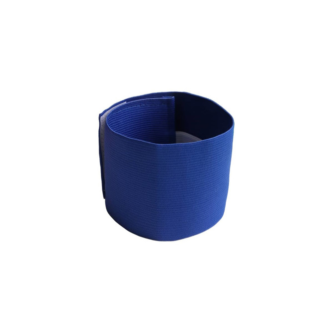 A blue stretchy armband, designed as a clothing accessory, with a plain texture and a logo.