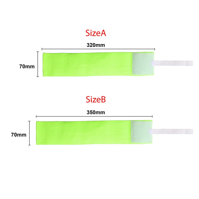 Two stretchy armbands in bright green, displaying two sizes with dimensions specified. Each has a fastening strap.