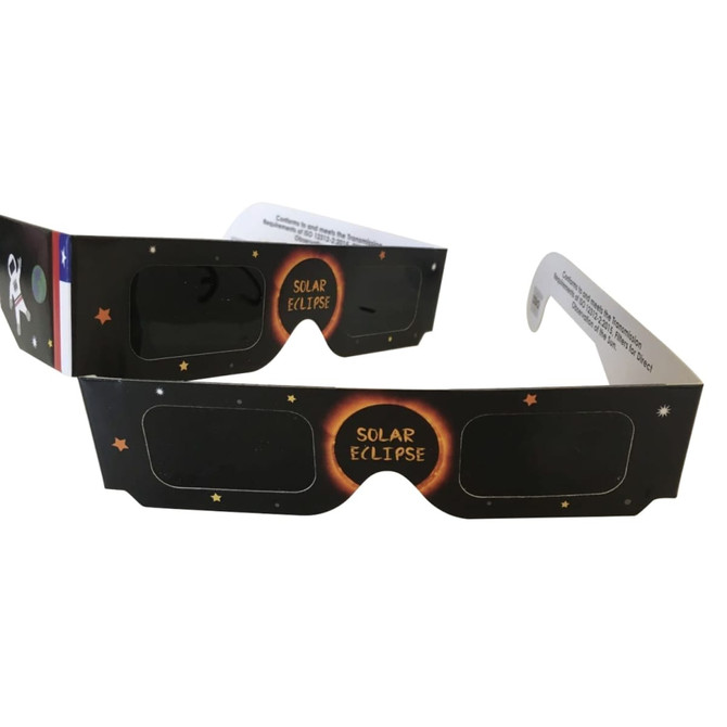 Custom solar eclipse glasses in black with a starry design and a protective viewing filter. Features a logo on the side.