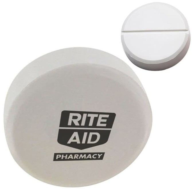 A round white stress reliever tablet with a logo on the front and a smooth surface design.