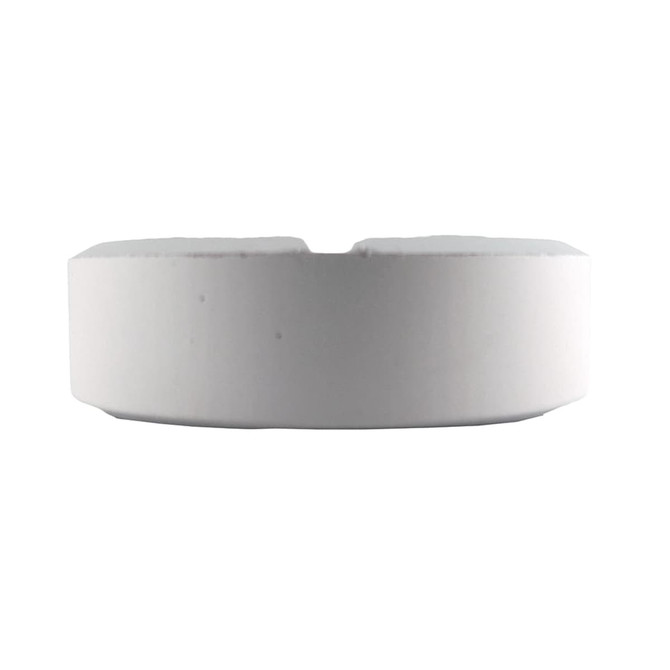 A round white tablet-shaped stress reliever with a smooth surface and a slight indentation.
