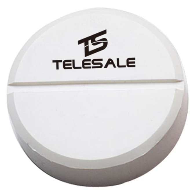 A round white stress reliever tablet with a logo printed on the surface.