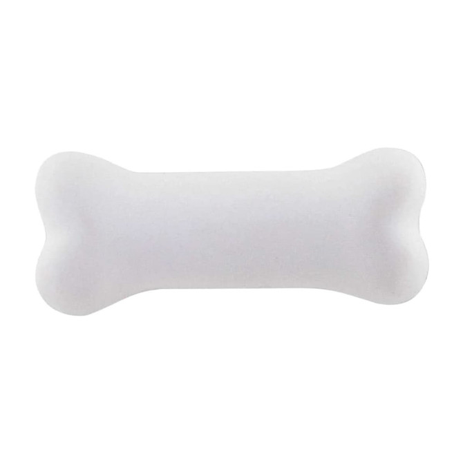 A white bone-shaped stress reliever with a smooth surface, designed in a fun animal theme.