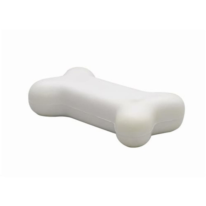 A white bone-shaped stress reliever with a smooth surface, featuring a logo on one side.