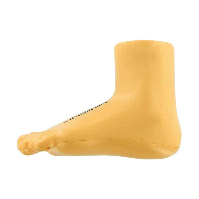 A yellow leg-shaped stress reliever with detailed toes, featuring a logo on its surface.