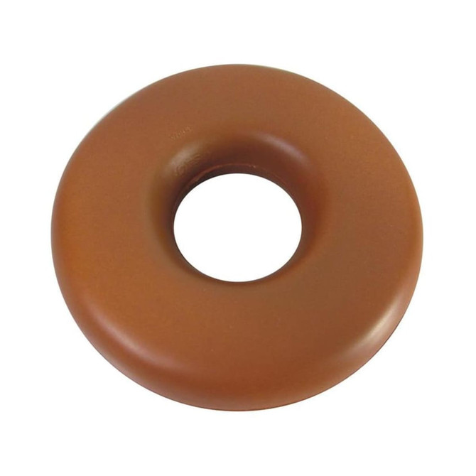 A brown donut-shaped stress reliever with a smooth texture and a central hole, featuring a logo.