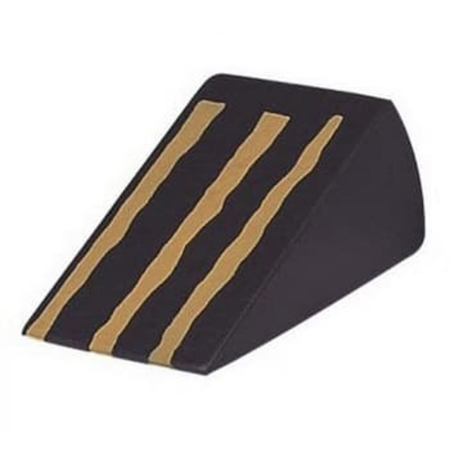 A wedge-shaped black stress reliever with three gold stripes running along the top.