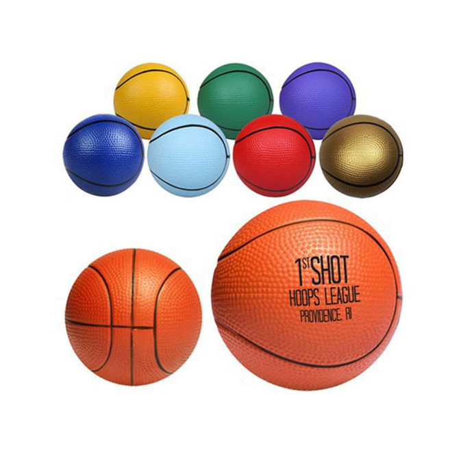 A collection of vibrant stress ball basketballs in orange, blue, green, purple, gold, and red colours, featuring a logo.